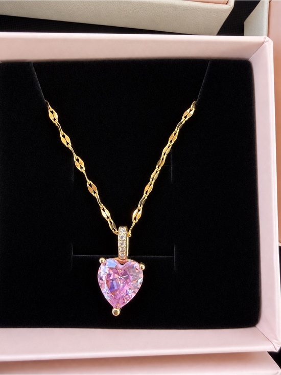 Jewelry - Gold Tone Necklace with Pink Heart Pendant